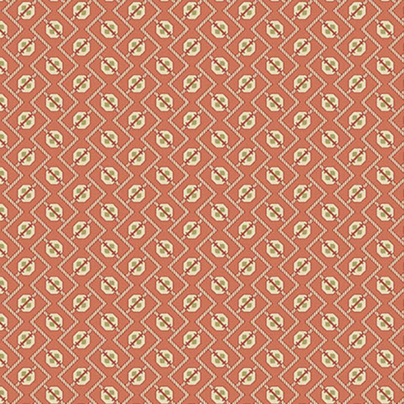 Coral pink fabric with zigzag lines and abstract shapes.