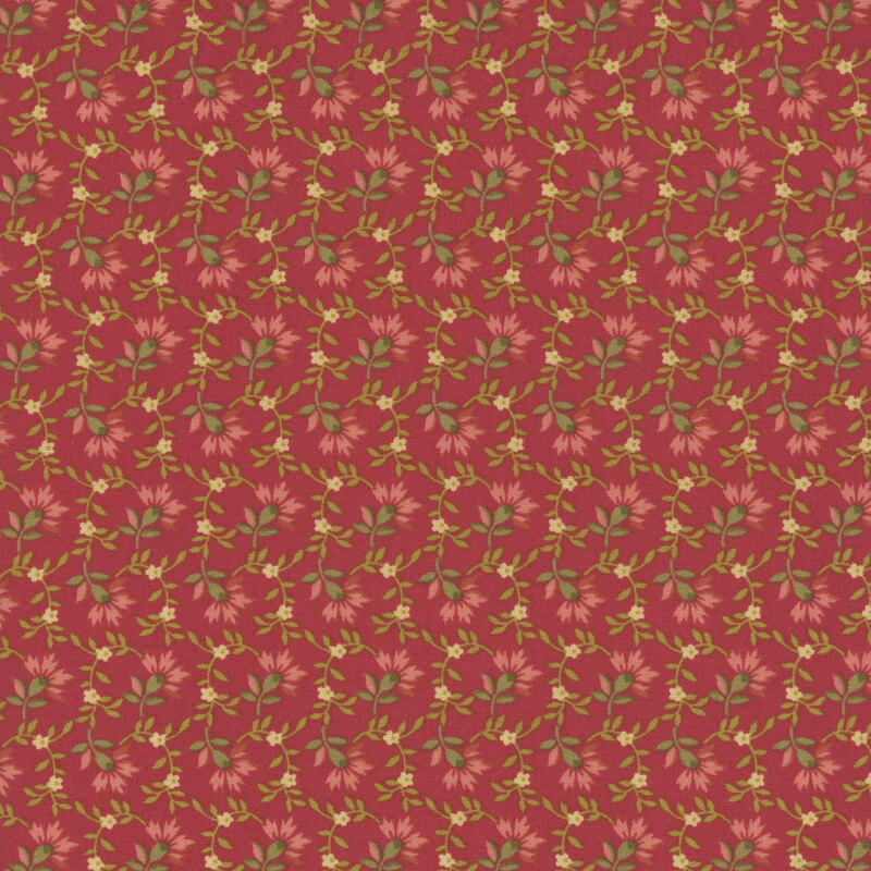 Bright red fabric with sprawling vines with pink flowers.