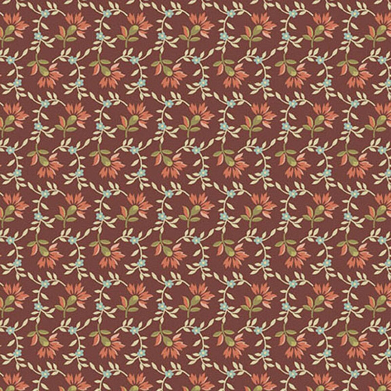 Purple-red fabric with sprawling vines with pink flowers.