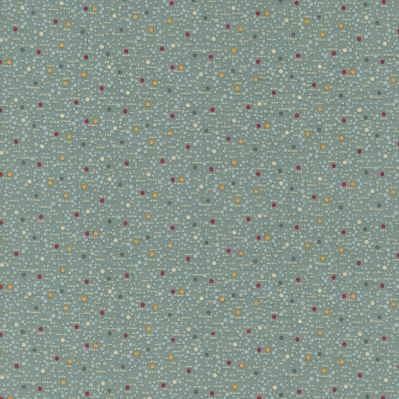 Medium blue fabric with textured lines and multicolored dots.