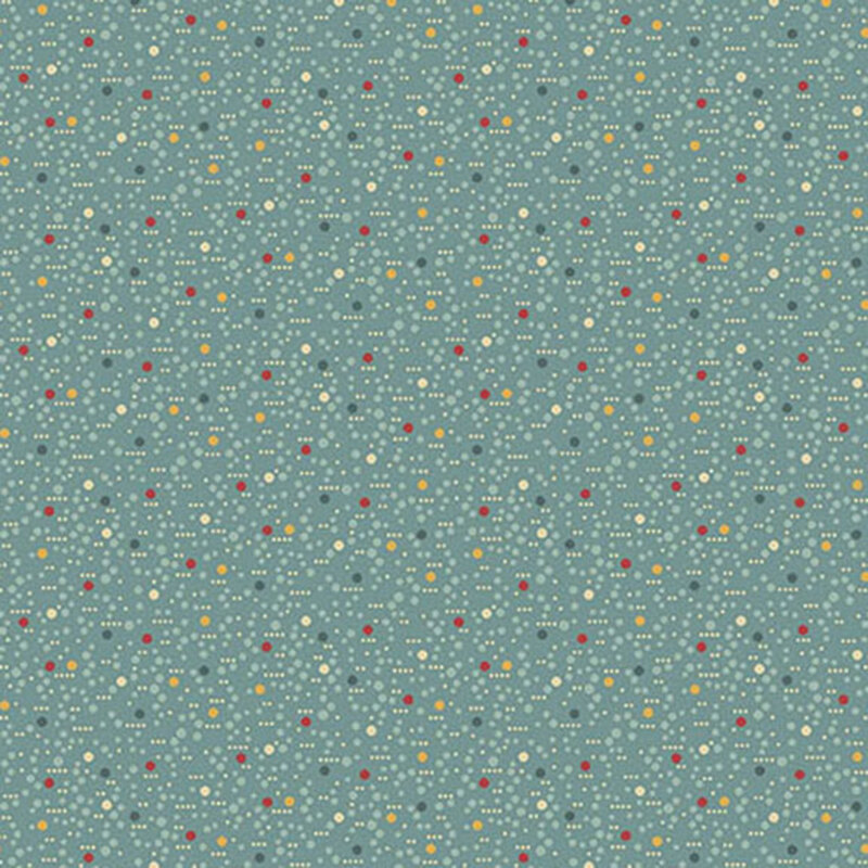 Medium blue fabric with textured lines and multicolored dots.
