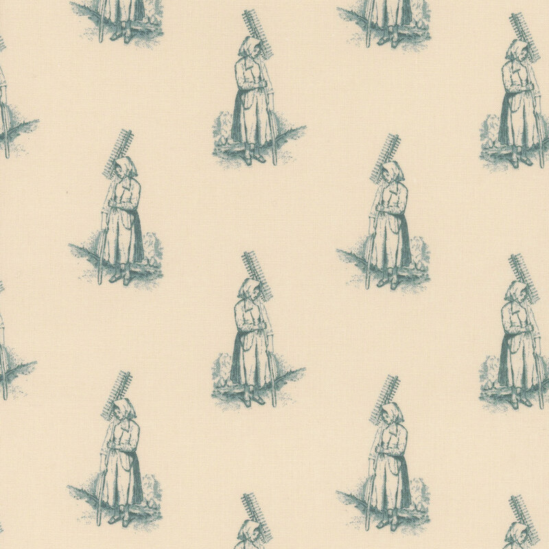 Cream fabric with blue toile illustrations of a farmer's daughter.