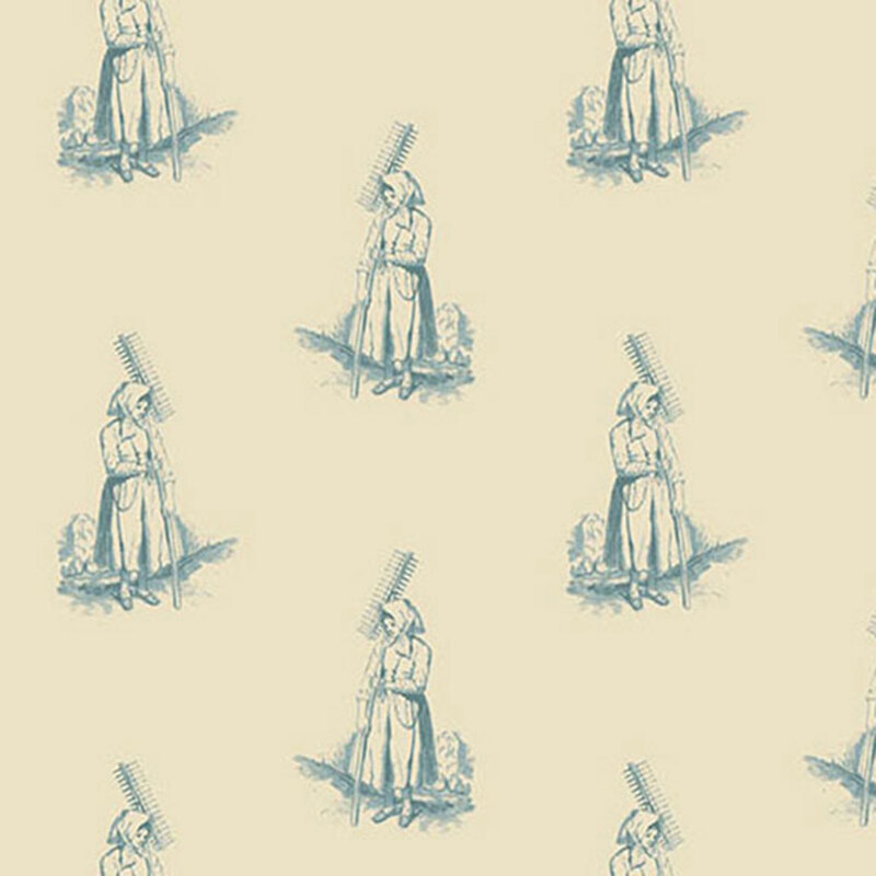 Cream fabric with blue toile illustrations of a farmer's daughter.