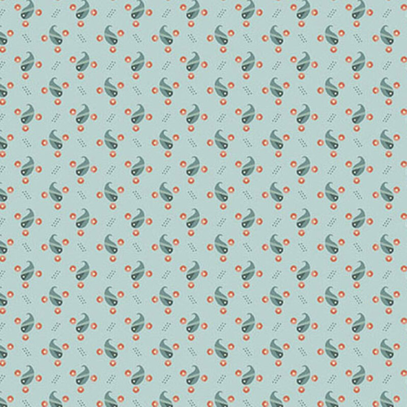 Light blue fabric with teal teardrop shapes amongst textured design and small orange dots.