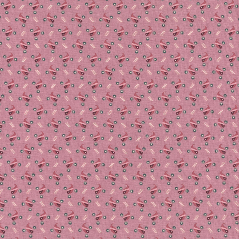 Light violet fabric with pink teardrop shapes amongst textured design and small blue dots.