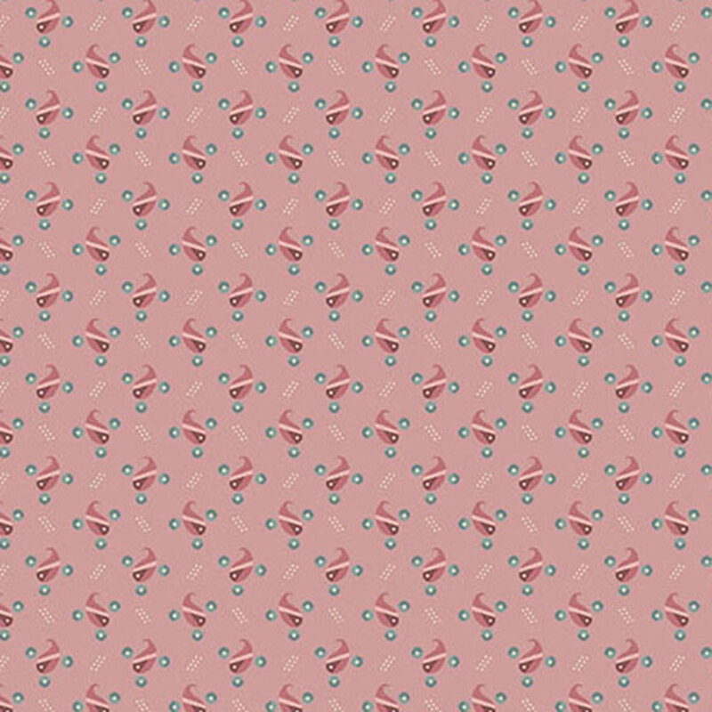 Purplish pink fabric with pink teardrop shapes amongst textured design and small blue dots.