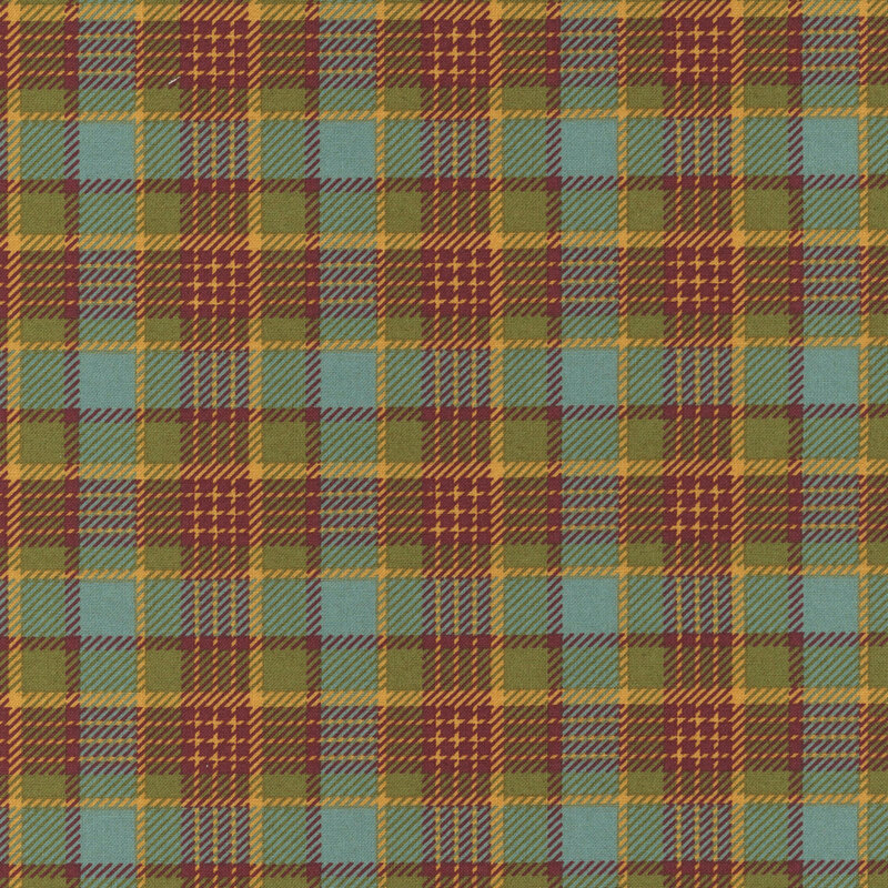 Blue, green, yellow, and purple-red plaid fabric with slight texture.