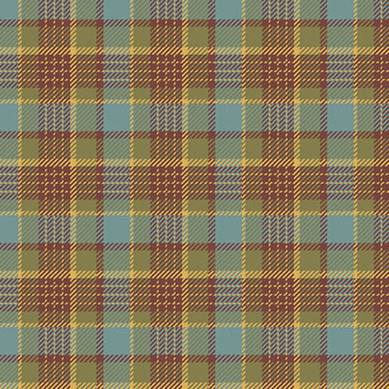 Blue, green, yellow, and purple-red plaid fabric with slight texture.