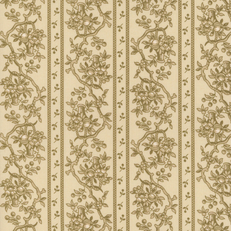 Tan fabric with floral stripes interspersed between rows of sprawling branches and baskets full of flowers