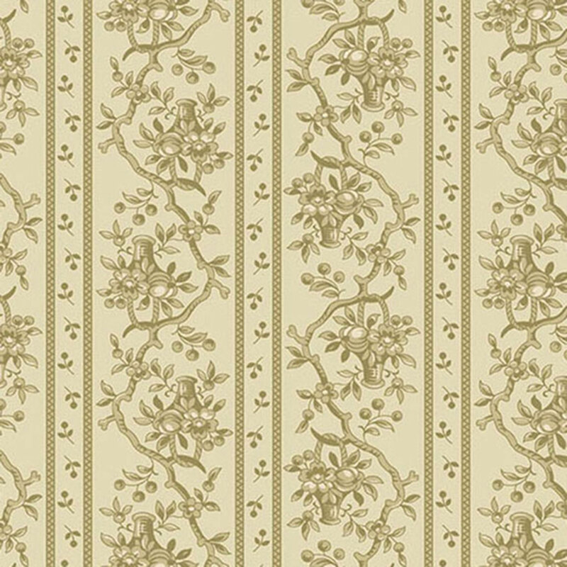 Linen cream fabric with green floral stripes interspersed between rows of sprawling branches and baskets full of flowers.