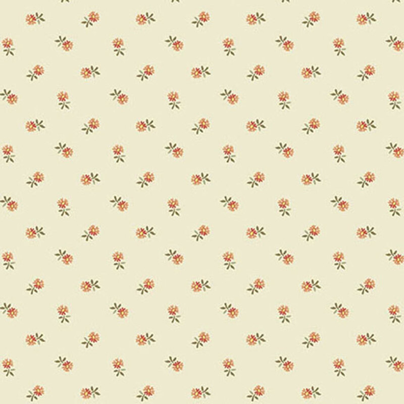 Cream fabric with rows of small pink, and red flowers.