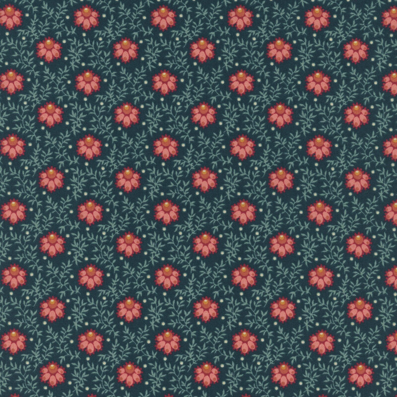 Navy blue fabric with pink flowers, light blue sprawling leaves, and pinprick dots.