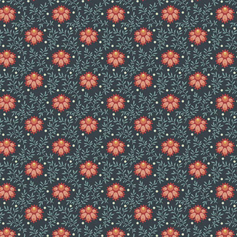 Navy blue fabric with pink flowers, light blue sprawling leaves, and white pinprick dots.