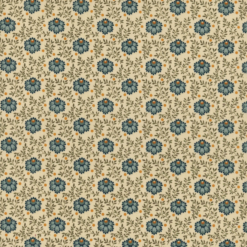 Cream fabric with blue flowers, green sprawling leaves, and orange pinprick dots.