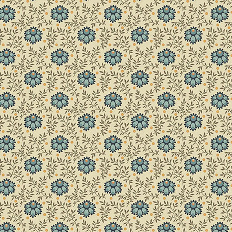 Cream fabric with blue flowers, green sprawling leaves, and orange pinprick dots.