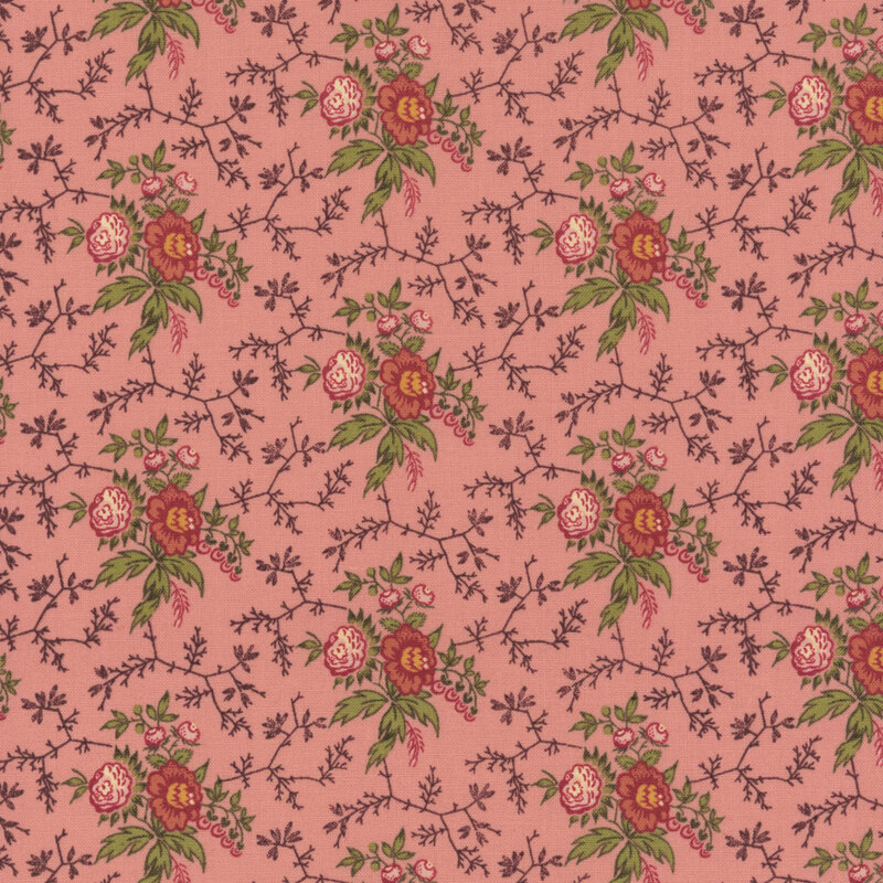 Pink fabric with red flowers and sprawling vines.