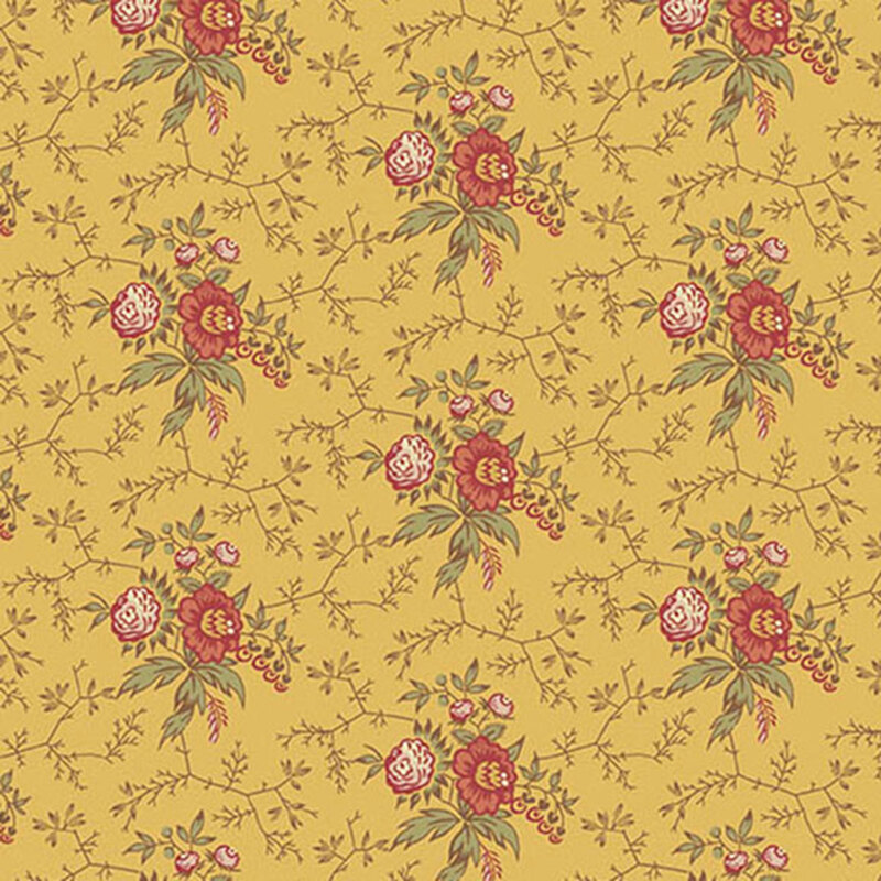Yellow fabric with red and pink flowers and sprawling tonal vines.