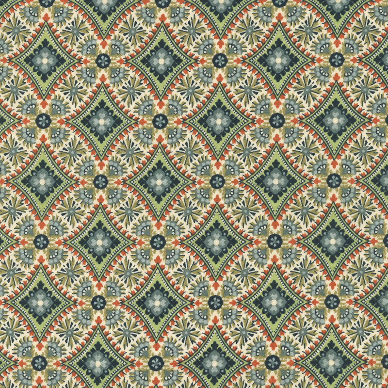 Geometric fabric with blue, green, and pink diamonds on a kaleidoscopic background.
