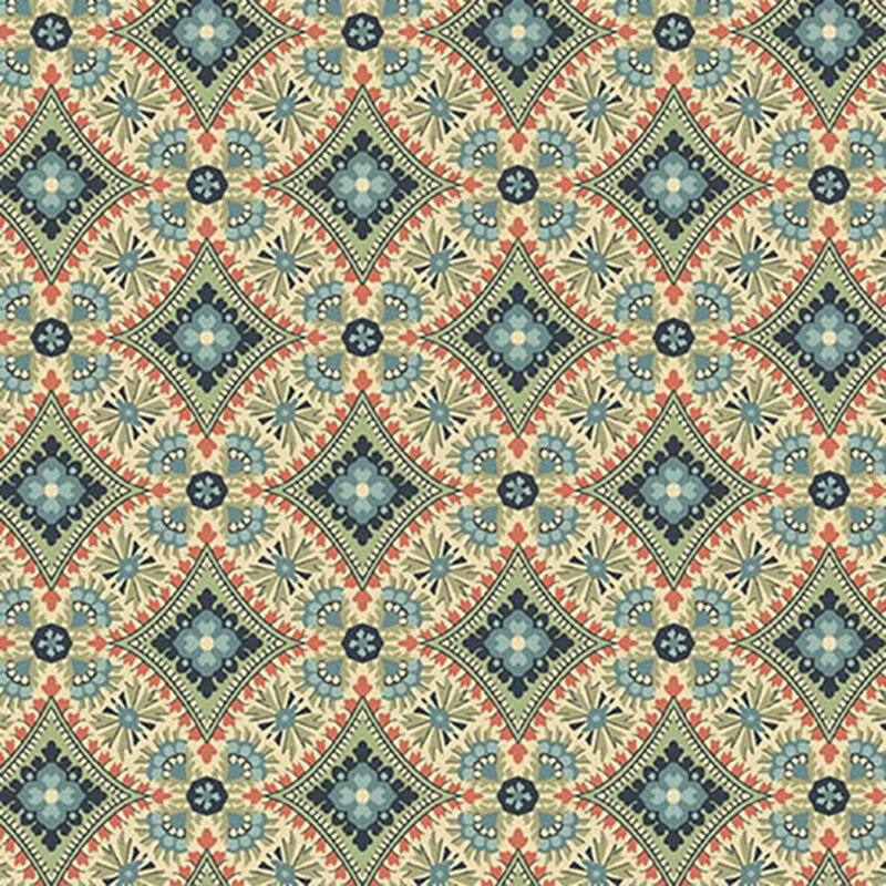 Geometric fabric with blue, green, and pink diamonds on a kaleidoscopic background.