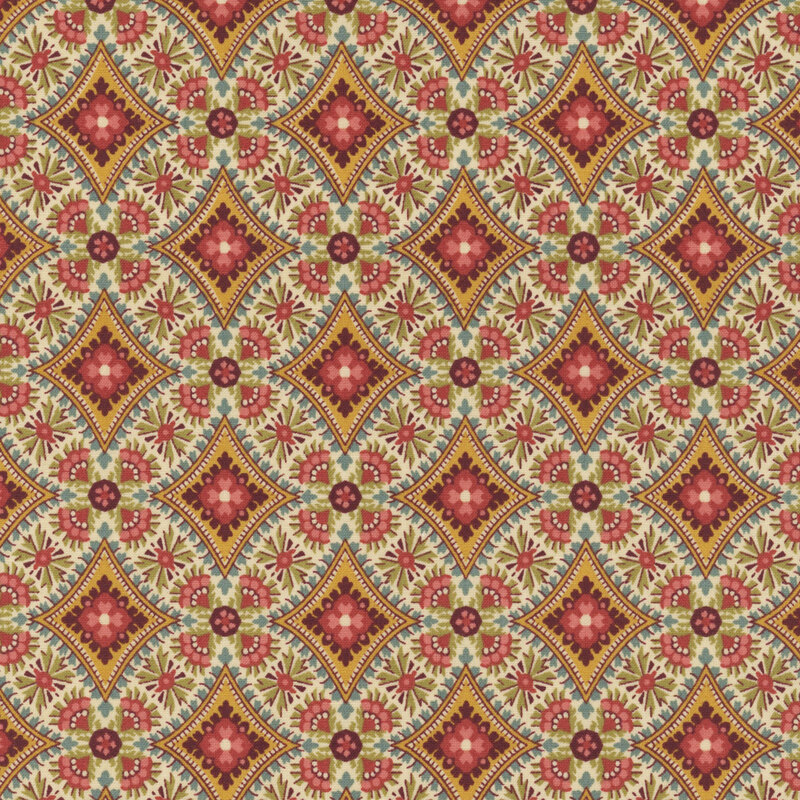 Geometric fabric with yellow, red, pink, and blue diamonds on a kaleidoscopic background.