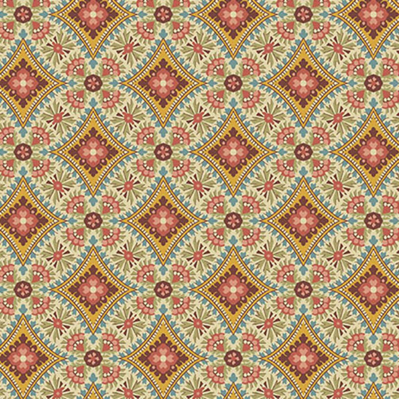 Geometric fabric with yellow, red, pink, and blue diamonds on a kaleidoscopic background.