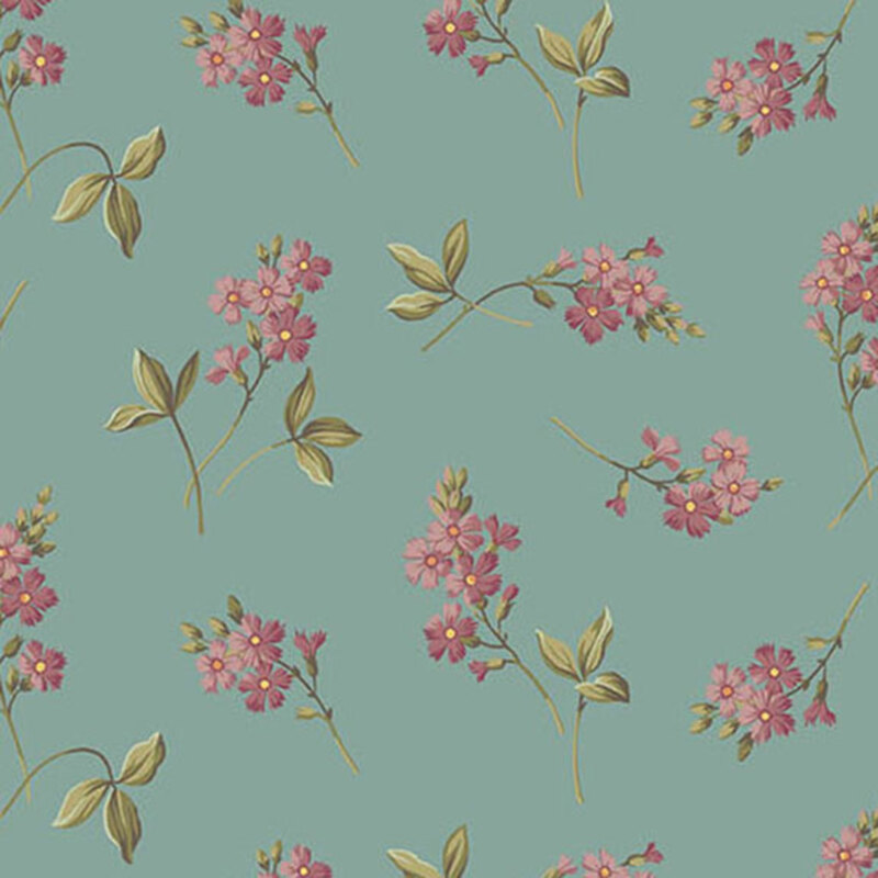 Teal fabric with tossed purple flower sprigs.