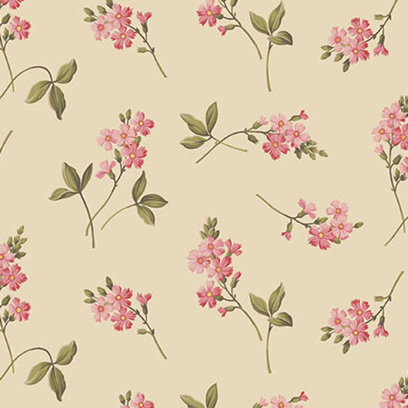 Cream fabric with tossed pink flower sprigs.
