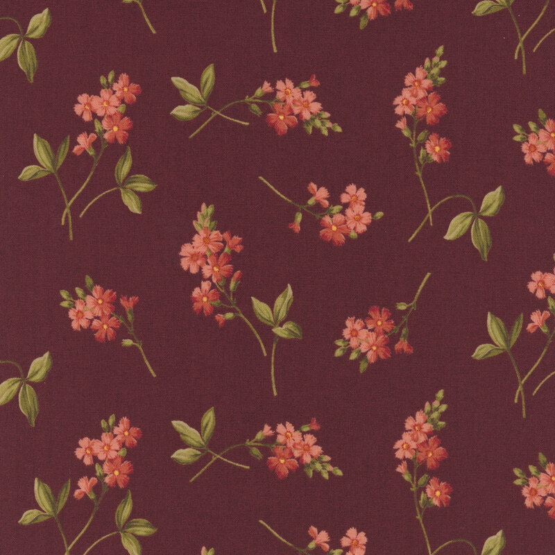 Red fabric with tossed pink flower sprigs.