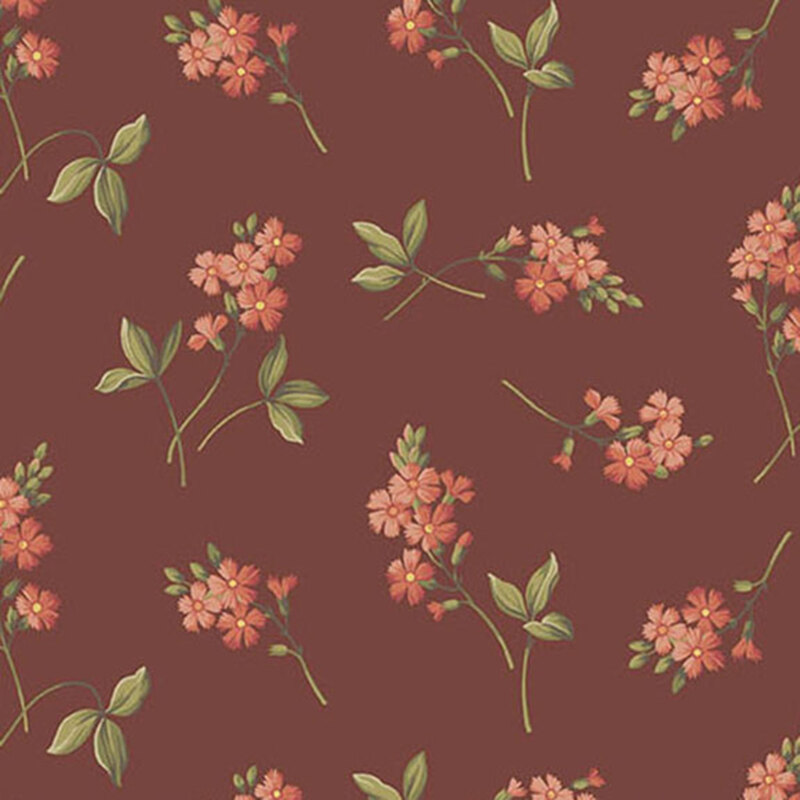 Reddish purple fabric with tossed pink flower sprigs.