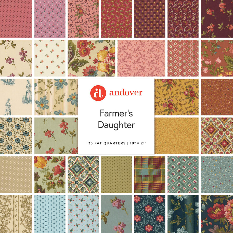A grid collage of floral fabrics included in the Farmer's Daughter Fat Quarter Bundle.