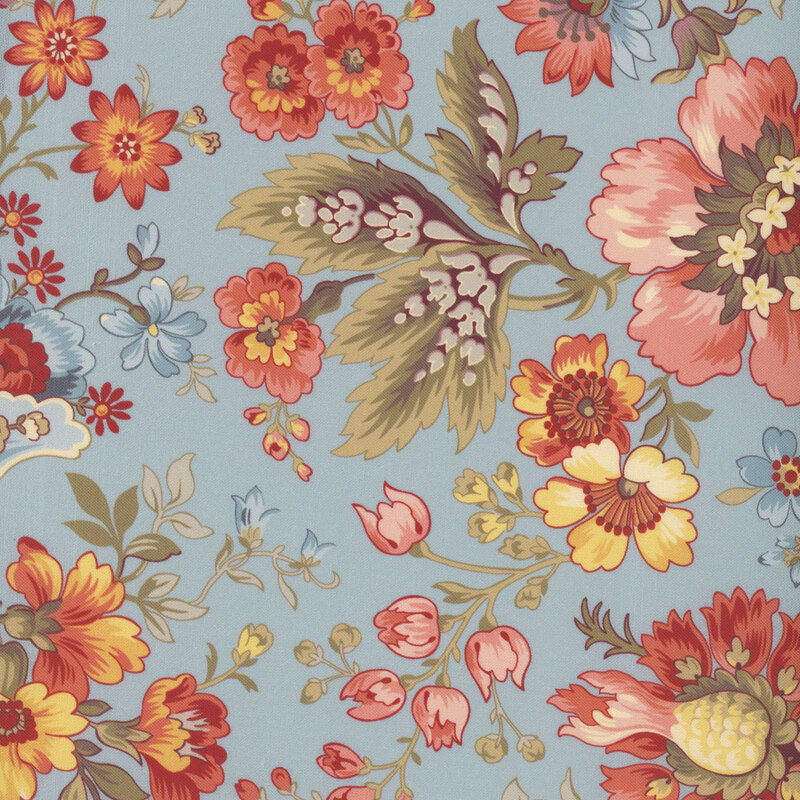 108" wide cadet blue fabric with large pink, blue, and yellow florals.