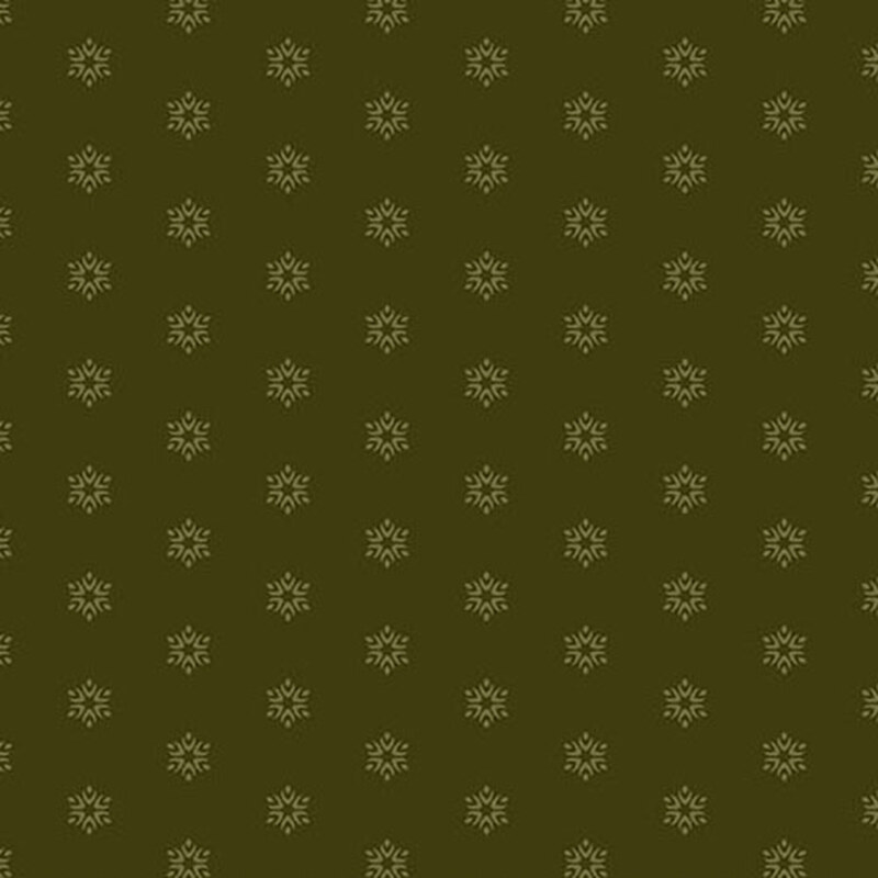 An olive green fabric with tonal sage green starbursts.