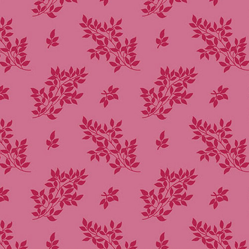 A bright pink fabric with tonal tossed leaf clusters.