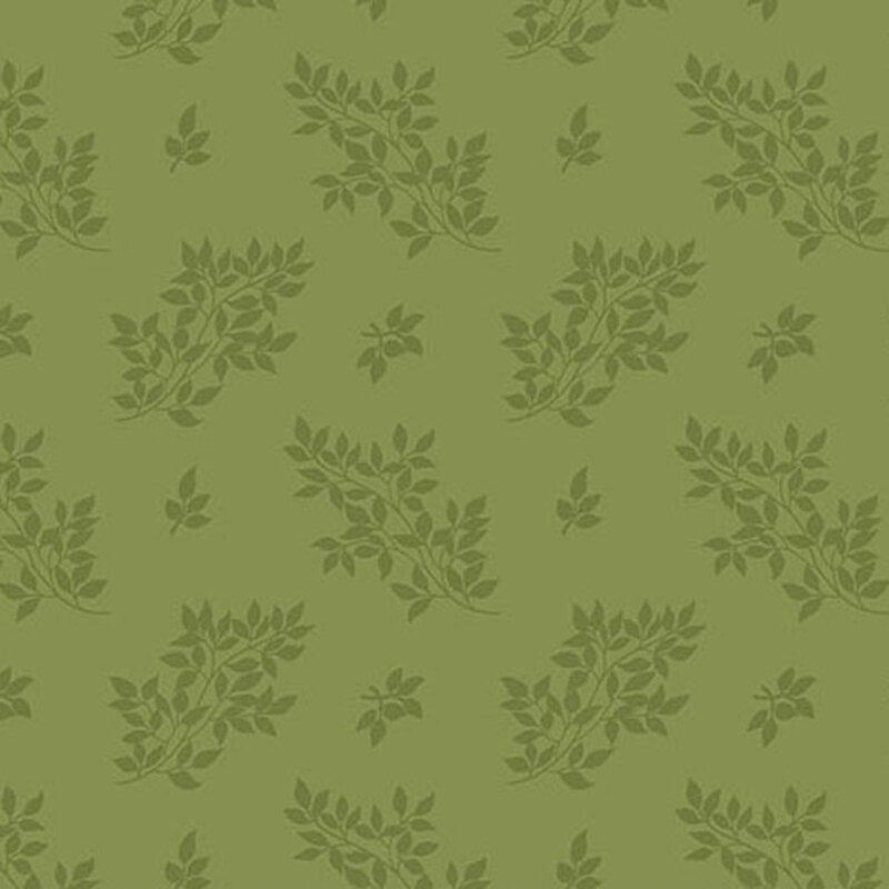 A leaf green fabric with tonal tossed leaf clusters.