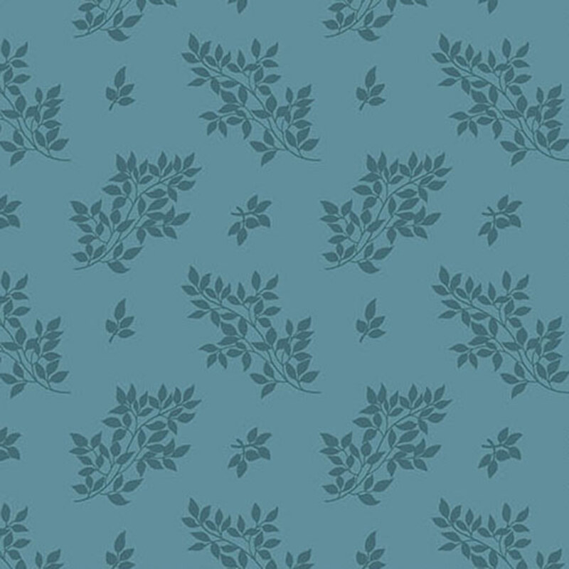 A teal blue fabric with tonal tossed leaf clusters.