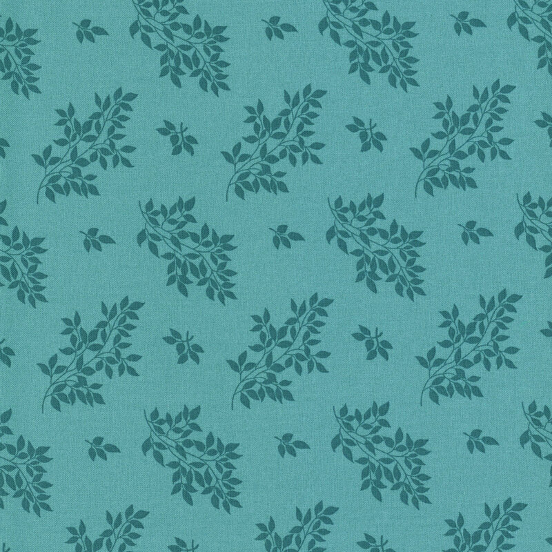 A teal blue fabric with tonal tossed leaf clusters.