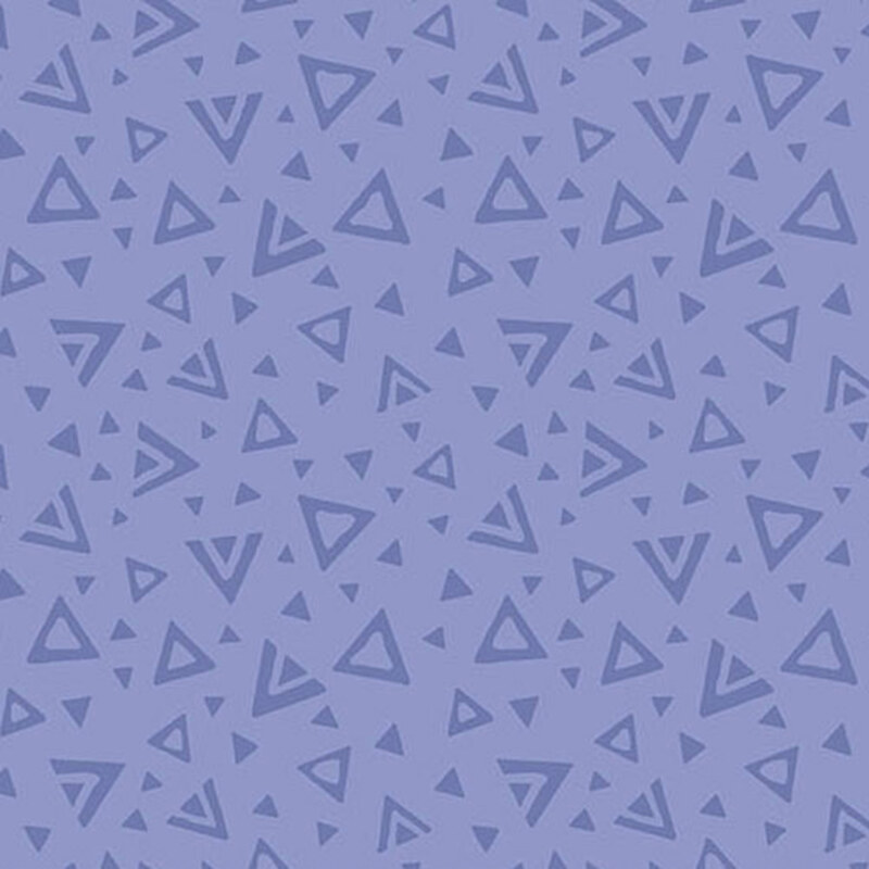 A periwinkle blue fabric with tossed open and closed tonal triangles.