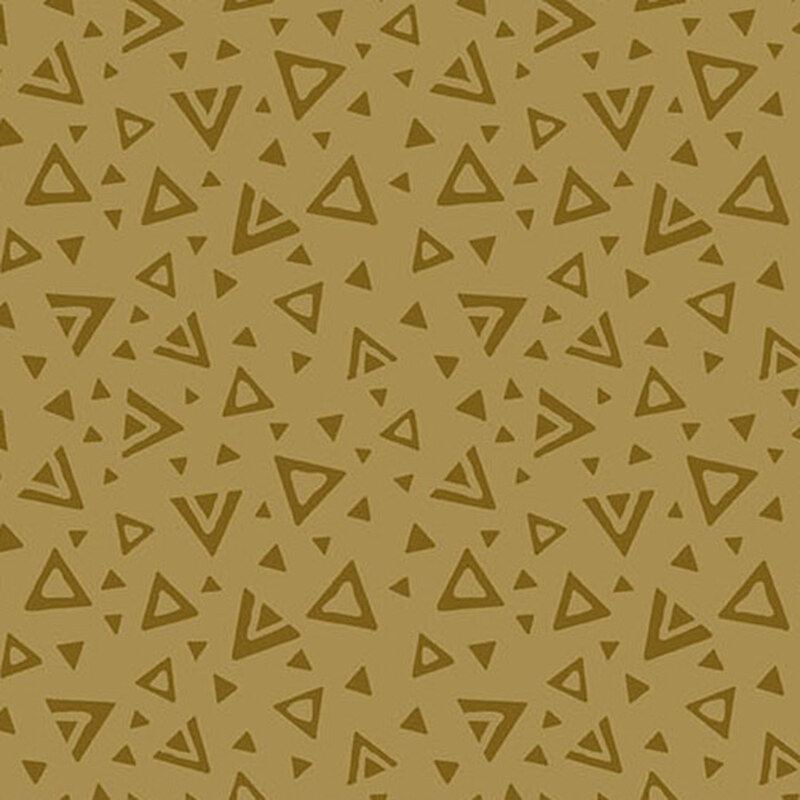A brassy gold fabric with tossed open and closed tonal triangles.
