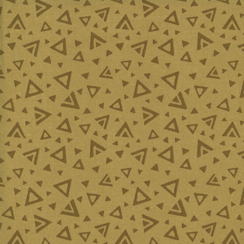 A brassy gold fabric with tossed open and closed tonal triangles.