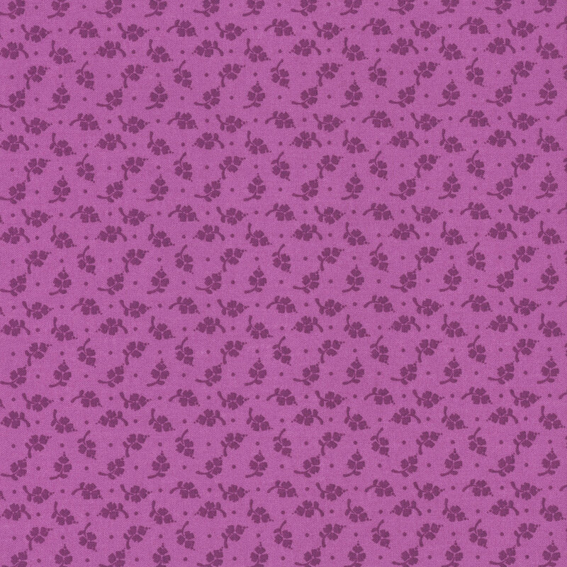 An orchid pink fabric with a tonal, primitive, ditsy leaf and dot design.
