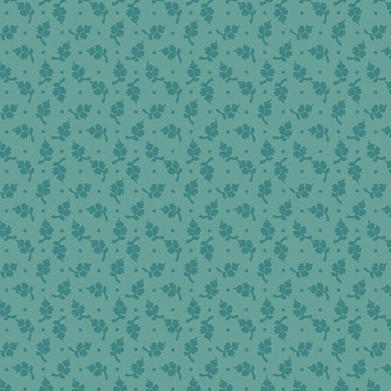 A teal green fabric with a tonal, primitive, ditsy leaf and dot design.