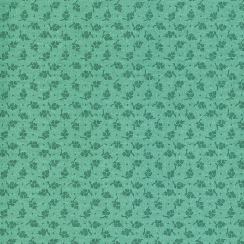 A teal green fabric with a tonal, primitive, ditsy leaf and dot design.