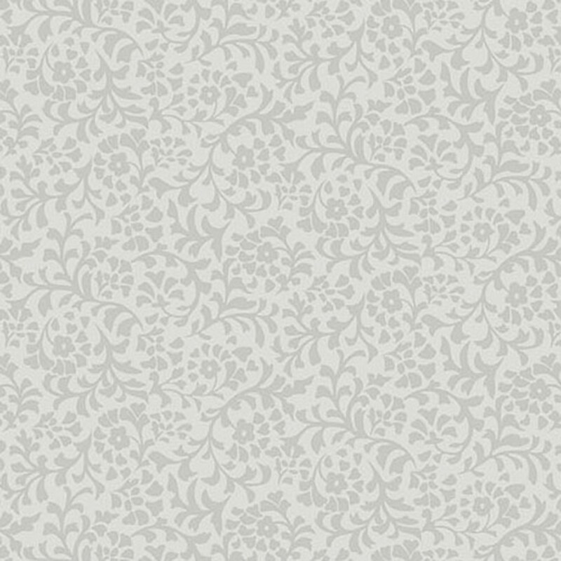 A gray fabric with a dense pattern of tonal flower and leaf silhouettes.
