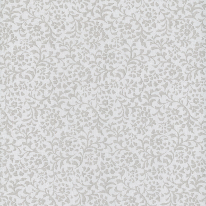 A gray fabric with a dense pattern of tonal flower and leaf silhouettes.