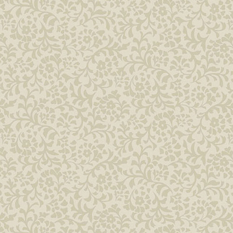 A beige fabric with a dense pattern of tonal flower and leaf silhouettes.