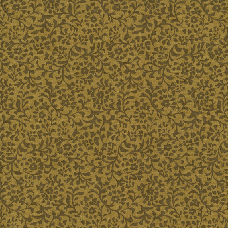 A mustard yellow fabric with a dense pattern of tonal flower and leaf silhouettes.