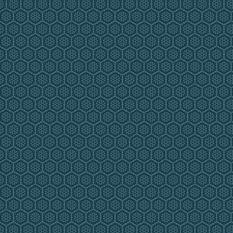 A teal blue fabric with a tonal pattern of tiled geometric emblems.
