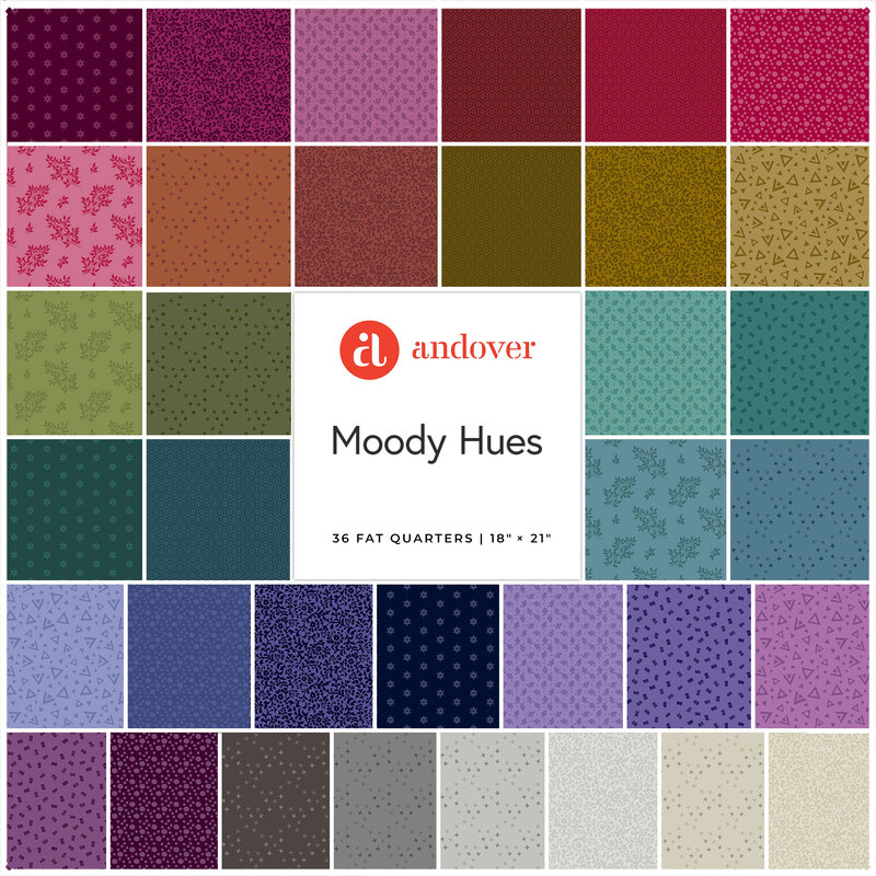 A collage of the fabrics featured in the Moody Hues Fat Quarter set, arranged in rainbow order.