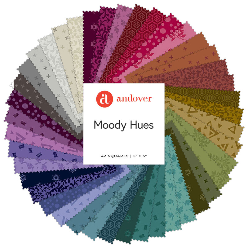 A fanned out collage of the fabrics featured in the Moody Hues 5