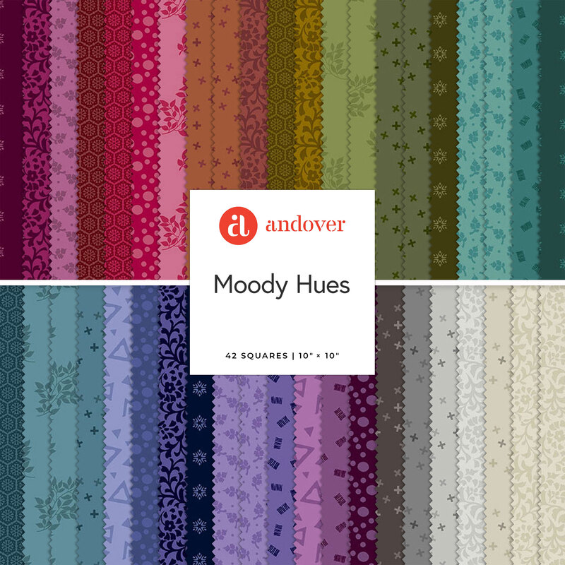 A fanned out collage of the fabrics featured in the Moody Hues 10